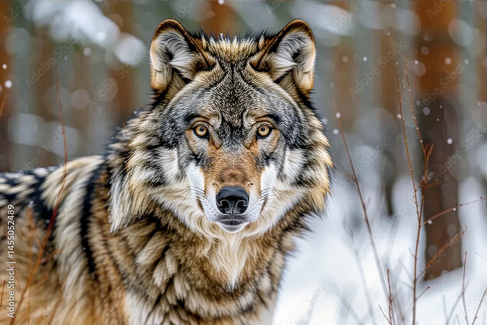 Wolf stares intently into camera in snowy forest
Wolf stares intently into camera in snowy forest