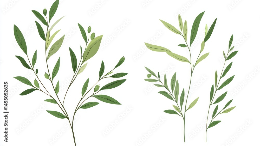 Obraz premium Olive branches, leaves, illustration, white background, design element