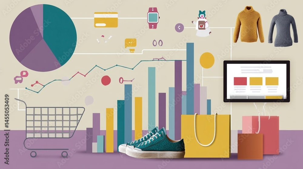 A vibrant infographic illustrating statistics about online shopping trends including graphs charts and icons representing different product categories.