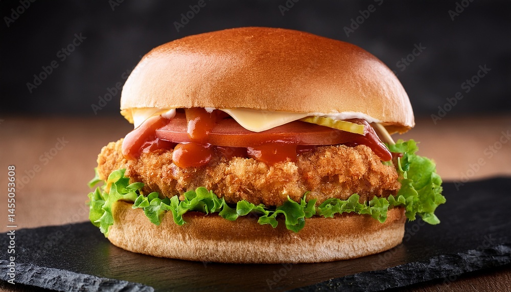 juicy chicken burger with fresh lettuce and spicy sauce on bun juicy chicken burger with fresh lettuce and spicy sauce on bun