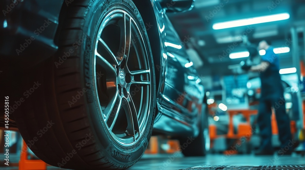custom made wallpaper toronto digitalA mechanic working in a garage with a black car and special wheels.