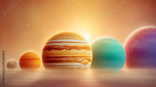   A cluster of multicolored celestial spheres atop an aquatic expanse, framed by a radiant solar disk