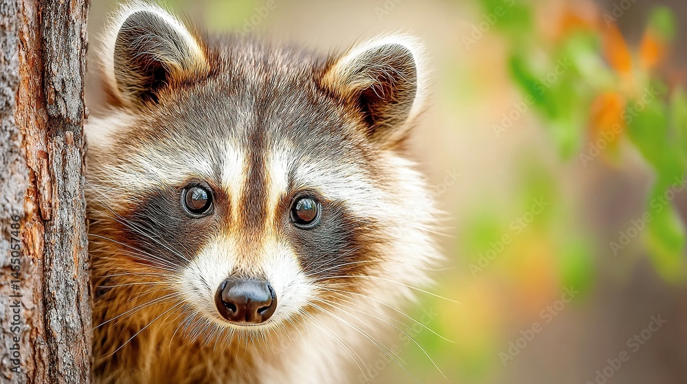   Close-up of a raccoon peeking through tree bark with leaves in the background