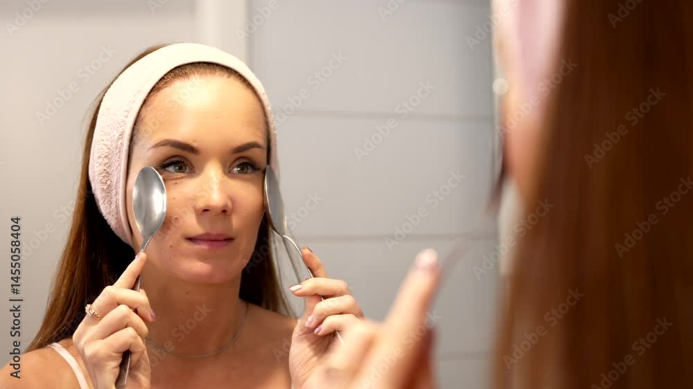 Young woman standing in front of a mirror and holding cold metal spoons under her eyes to reduce puffiness. This popular at-home beauty technique is part of her natural skincare routine. Young woman standing in front of a mirror and holding cold metal spoons under her eyes to reduce puffiness. This popular at-home beauty technique is part of her natural skincare routine.
