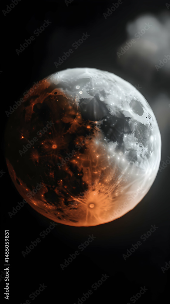 A celestial body, half illuminated, half shadowed in fiery orange hues against a dark, starless sky A celestial body, half illuminated, half shadowed in fiery orange hues against a dark, starless sky