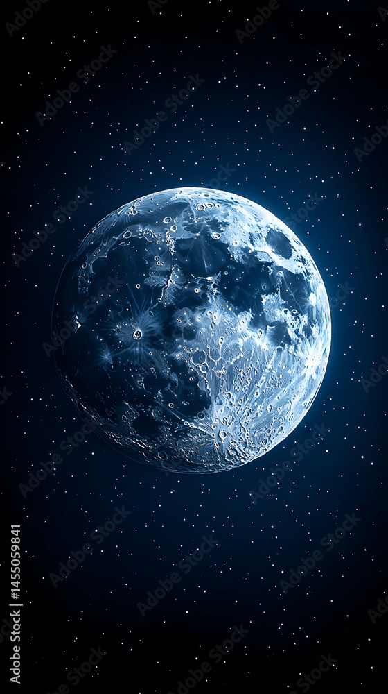 Naklejka premium A celestial body possibly a moon is depicted against a backdrop of countless stars Its surface is textured with crate