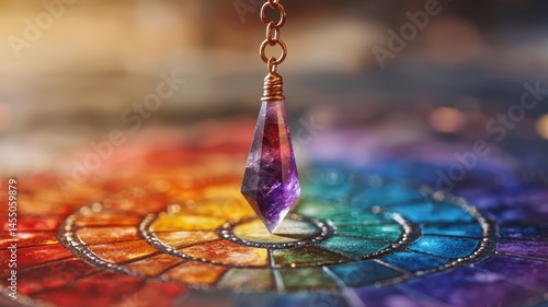 Holistic healing with balance crystals idea. Colorful crystal pendulum over a vibrant mandala background.