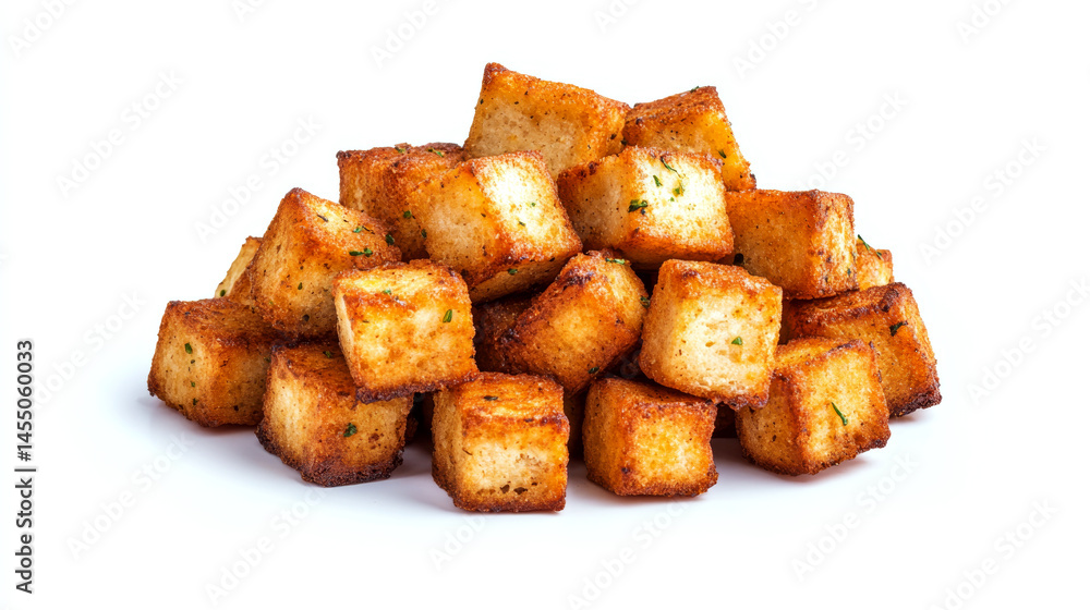Crispy croutons piled on a white background, golden and seasoned with herbs. Concept of food, snack, texture. For food packaging design