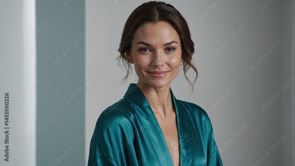 Mid-shot of a stylish brunette woman in a sleek teal satin robe Mid-shot of a stylish brunette woman in a sleek teal satin robe