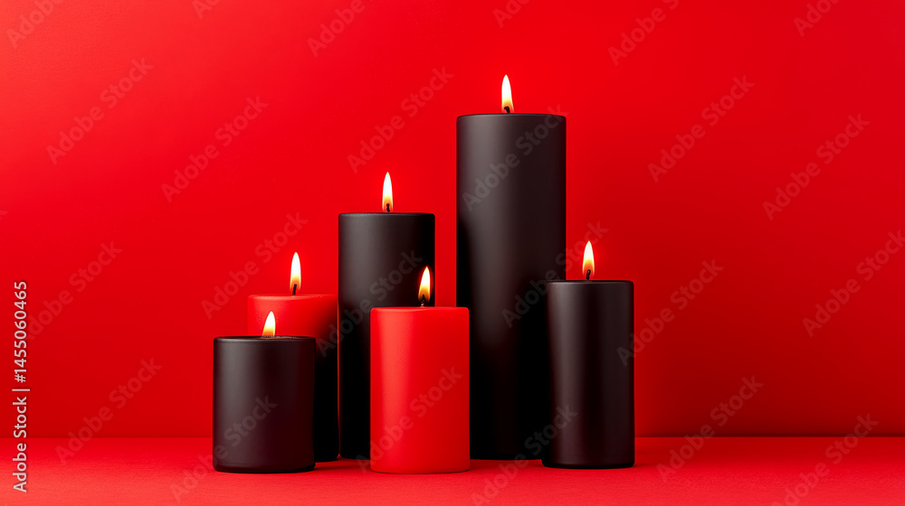 Five candles, three black and two red, burn against a vibrant red background. Concept of warmth, elegance, and contrast. For home decor inspiration