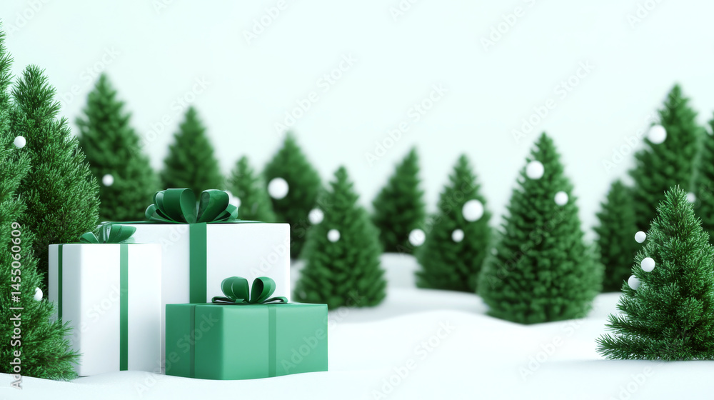 Gifts covered in green wrapping lie in the snow among green trees. Concept of holiday and nature. For holiday greeting cards or decorations.