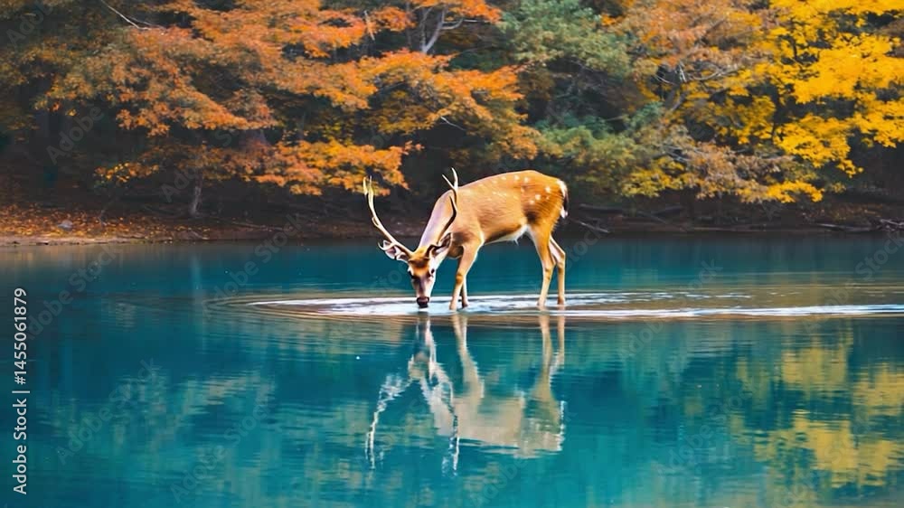 Autumn deer drinking at tranquil lake Autumn deer drinking at tranquil lake