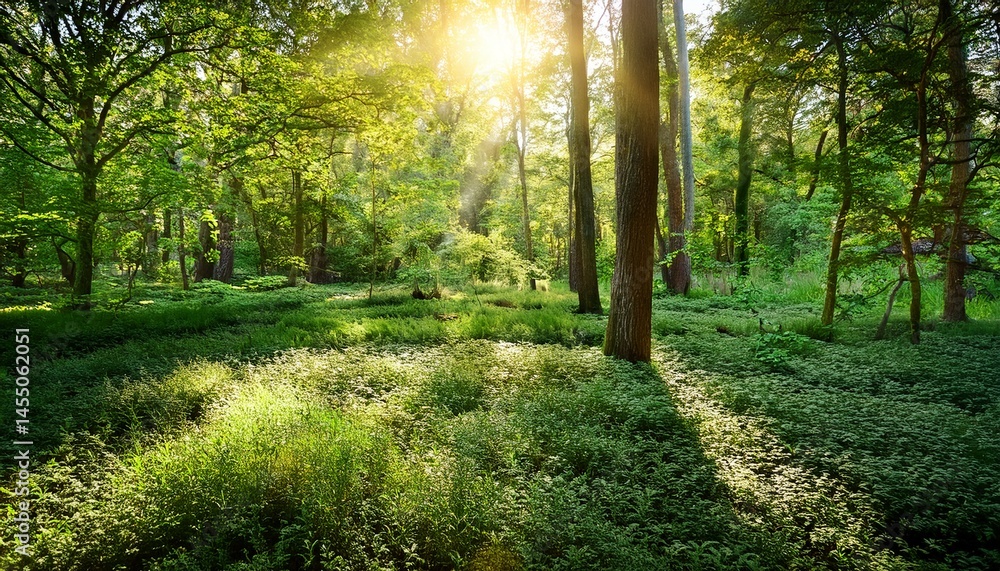 Naklejka premium serene forest clearing with sunlight and lush greenery