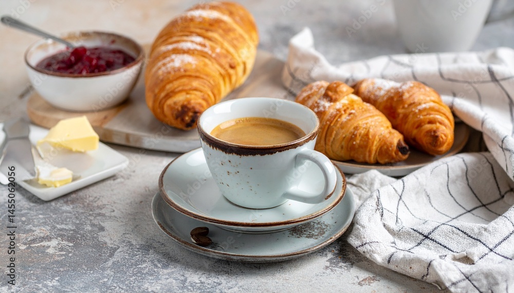 Delicious Buttery Croissants with Coffee and Jam for a Perfect Breakfast Delicious Buttery Croissants with Coffee and Jam for a Perfect Breakfast