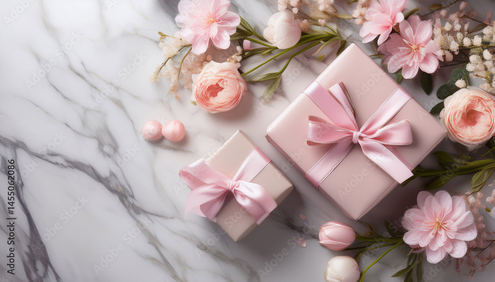 gift boxes tied with pink ribbons nestled near spring flowers and pastel decorations on sleek marble background embodying holiday celebration gift boxes tied with pink ribbons nestled near spring flowers and pastel decorations on sleek marble background embodying holiday celebration
