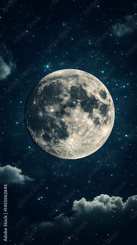 A luminous full moon dominates a dark night sky speckled with stars and partially veiled by wispy clouds A luminous full moon dominates a dark night sky speckled with stars and partially veiled by wispy clouds