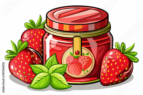 vector of Fresh strawberry jam in glass jar with berries isolated on transparent background