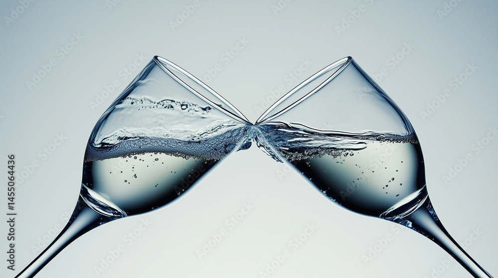 Macro shot of two champagne glasses clinking together in celebration.