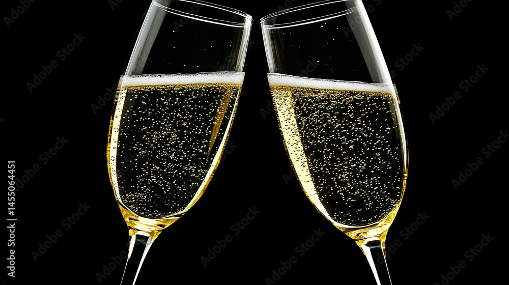 Macro shot of two champagne glasses clinking together in celebration.