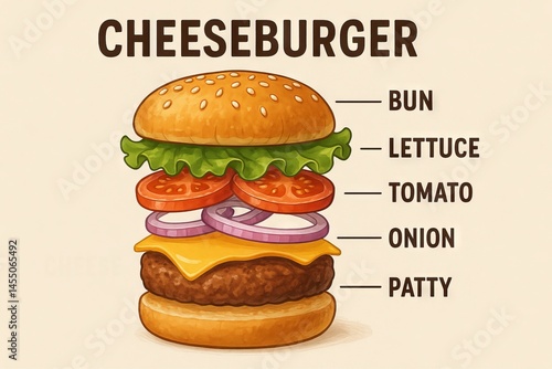 Cheeseburger infographic illustration detailing layers of bun, lettuce, tomato, onion, cheese, and patty. concept of fast food, ingredient breakdown, easy cooking guide, nutrition education