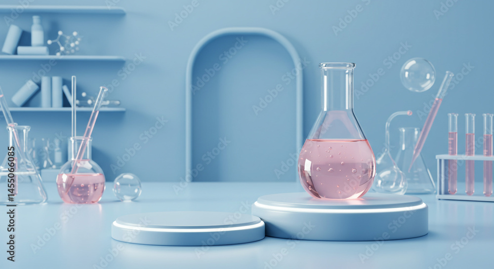 Laboratory scene with pink liquid in flask on podium and test tubes in a blue setting Laboratory scene with pink liquid in flask on podium and test tubes in a blue setting