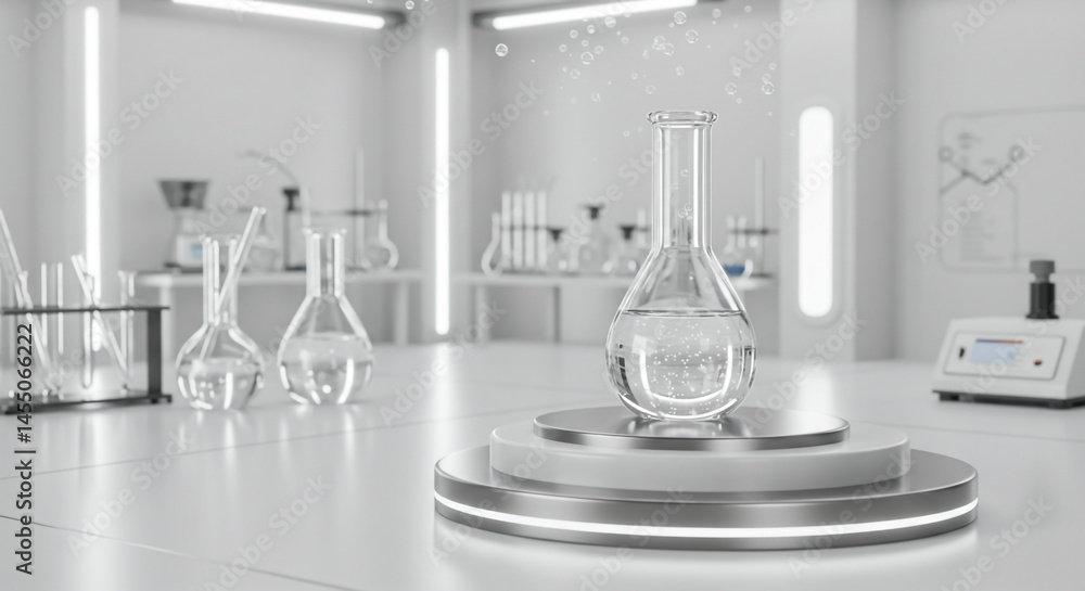 Clear flask with liquid on a pedestal in a laboratory setting with other lab equipment visible Clear flask with liquid on a pedestal in a laboratory setting with other lab equipment visible