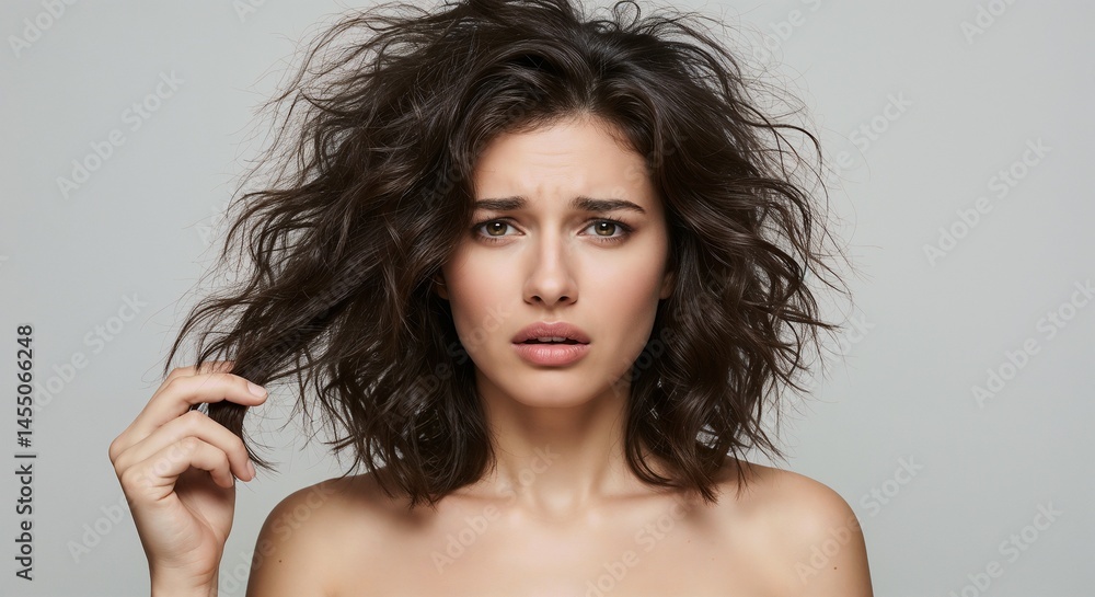 Fototapeta premium A woman with dark, frizzy hair is shown from the chest up, wearing a black strapless top, and holding her hair with hand, set against a solid gray background.
