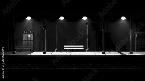 A dark train station platform with benches and tracks. [Hollow Monoliths] | Silent Arches | voiceless gate. Illustration