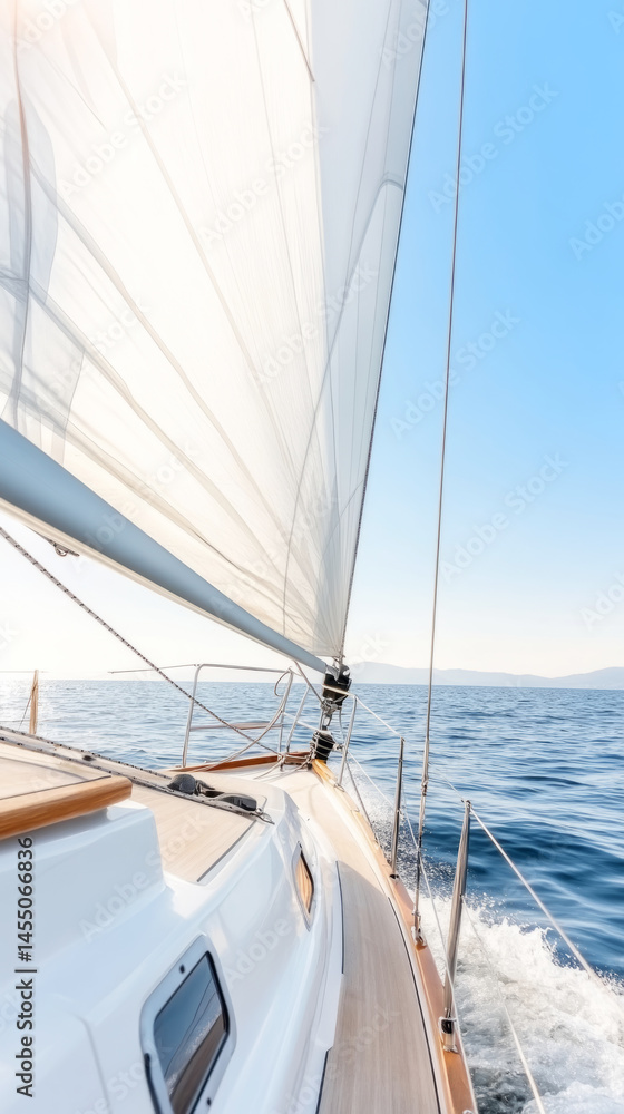 Fototapeta premium Adventurous solo sailing journey on open sea with clear blue sky