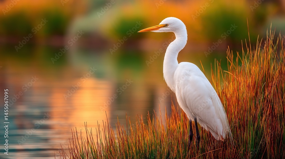 Obraz premium A white bird atop grassy field beside water, bathed in sunset