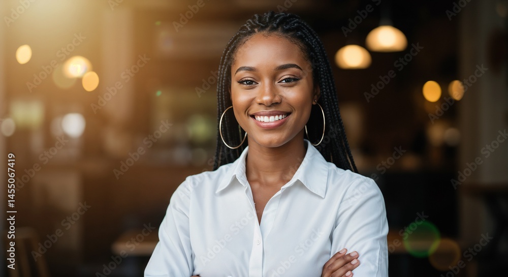 A woman with long black hair and hoop earrings, wearing a white collared shirt, is shown smiling and looking directly at the camera, with her arms crossed, and a blurred background A woman with long black hair and hoop earrings, wearing a white collared shirt, is shown smiling and looking directly at the camera, with her arms crossed, and a blurred background