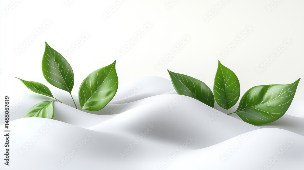 Fototapeta premium Fresh Green Leaves Emerging from Snowy Landscape Winter Nature Scene Botanical Contrast Seas