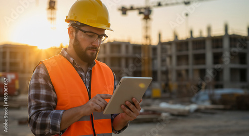 Wallpaper Mural A man wearing a yellow hard hat, an orange safety vest, and a plaid shirt is shown holding a tablet, with a blurred background of a construction site featuring cranes and a building under construction Torontodigital.ca