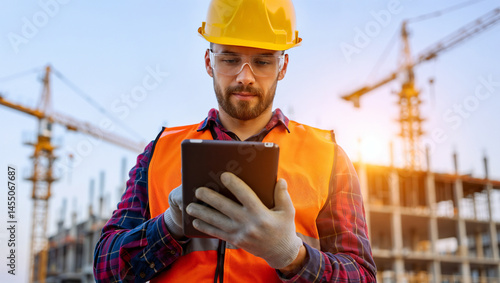 Wallpaper Mural A man wearing a yellow hard hat, an orange safety vest, and a plaid shirt is shown holding a tablet, with a blurred background of a construction site featuring cranes and a building under construction Torontodigital.ca