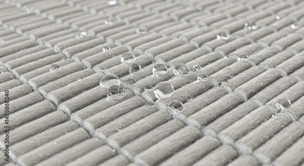 Close up of water droplets on a gray textured surface with a repeating rectangular pattern design shown Close up of water droplets on a gray textured surface with a repeating rectangular pattern design shown