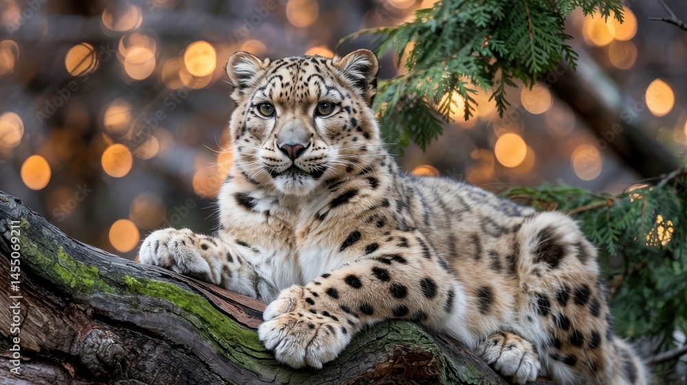 Obraz premium Snow leopard on textured branch with amber eyes and bokeh lights behind