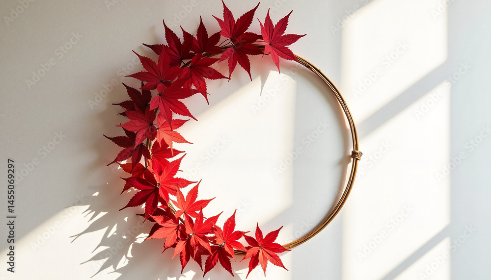 Decorative maple leaf wreath on a wall with sunlight shadows, Autumn Wreath, Thanksgiving