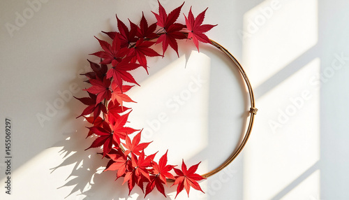 Obraz na płótnie Decorative maple leaf wreath on a wall with sunlight shadows, Autumn Wreath, Thanksgiving w salonie