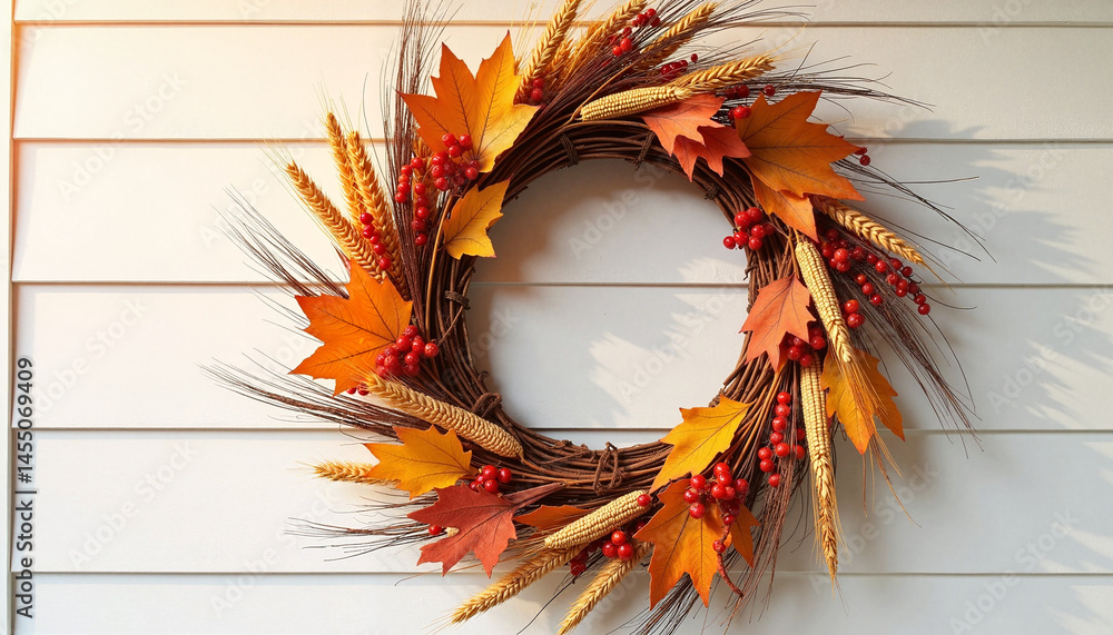 Autumn wreath with colorful leaves and wheat on a wooden wall, Autumn Wreath, Thanksgiving