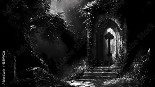 A disused chapel engulfed by creeping vines, its altar obscured by shadows. [Hollow Monoliths] | Forgotten Altars | erased worship. Illustration