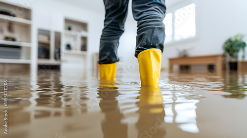 Flooded House: person wading in water with yellow boots. Residential water damage, flood recovery, insurance claim. Affected area, homeowner issues.