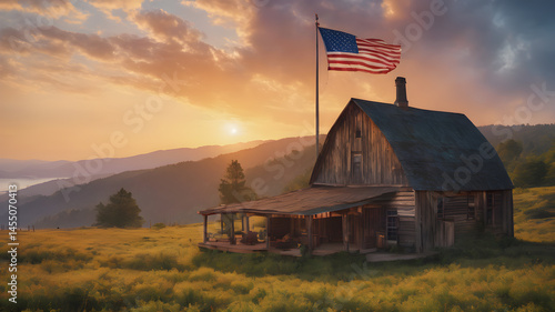 Rustic American Cabin at Sunset with Flag Waving in the Wind