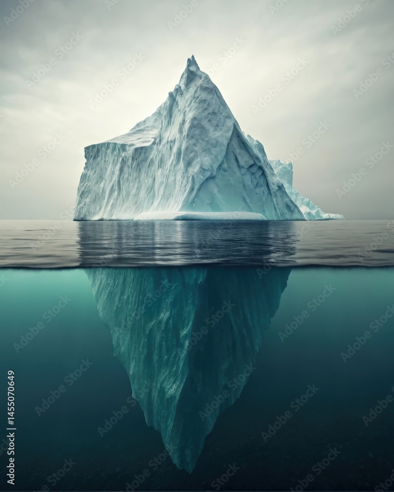 An image of an iceberg with only a small portion visible above the water representing the tip of conscious thoughts while the vast submerged part symbolizes the deep