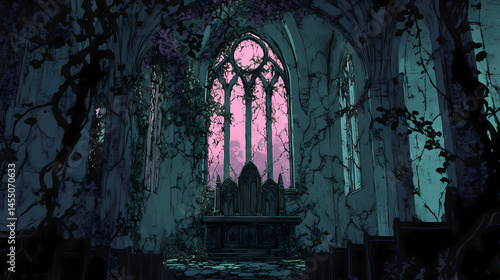 A disused chapel engulfed by creeping vines, its altar obscured by shadows. [Hollow Monoliths] | Forgotten Altars | erased worship. Illustration