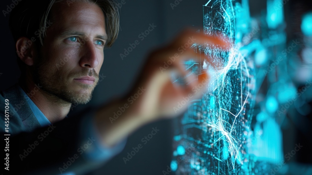 A businessman analyzing data visualizations on a holographic display representing tingedge technology in decisionmaking processes.