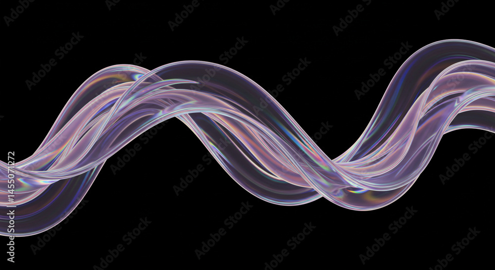 A translucent iridescent ribbon flowing and twisting against a stark black background in a studio shot A translucent iridescent ribbon flowing and twisting against a stark black background in a studio shot