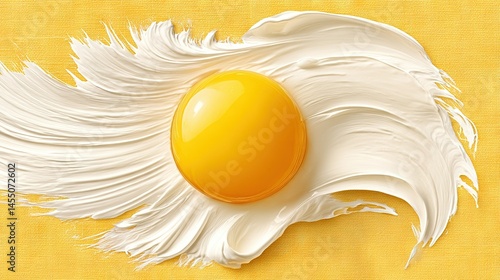   Close-up image of egg on yellow background with white paint streak