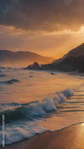 Golden Sunset over Tranquil Ocean Waves at Rocky Shore