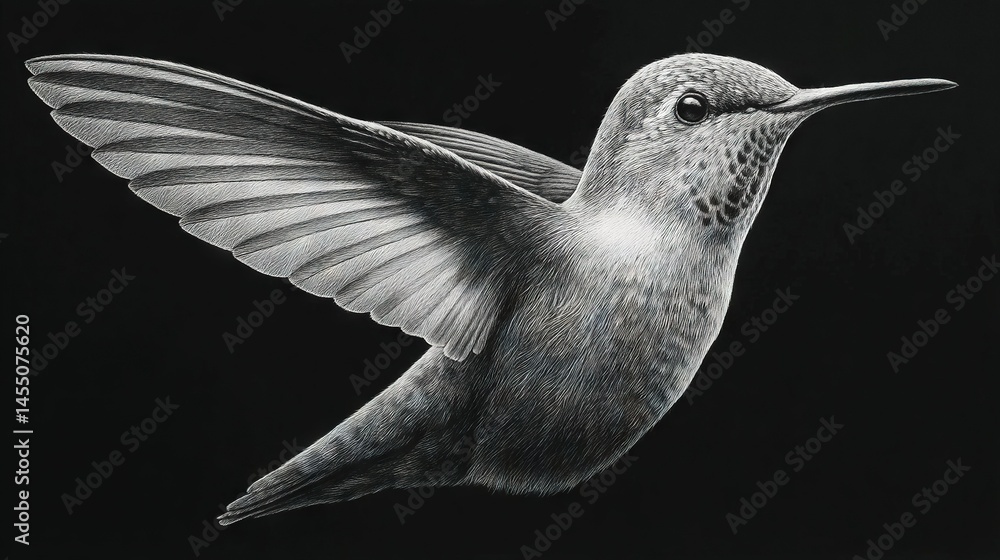 Fototapeta premium A black and white image of a hummingbird with its wings open on a dark background