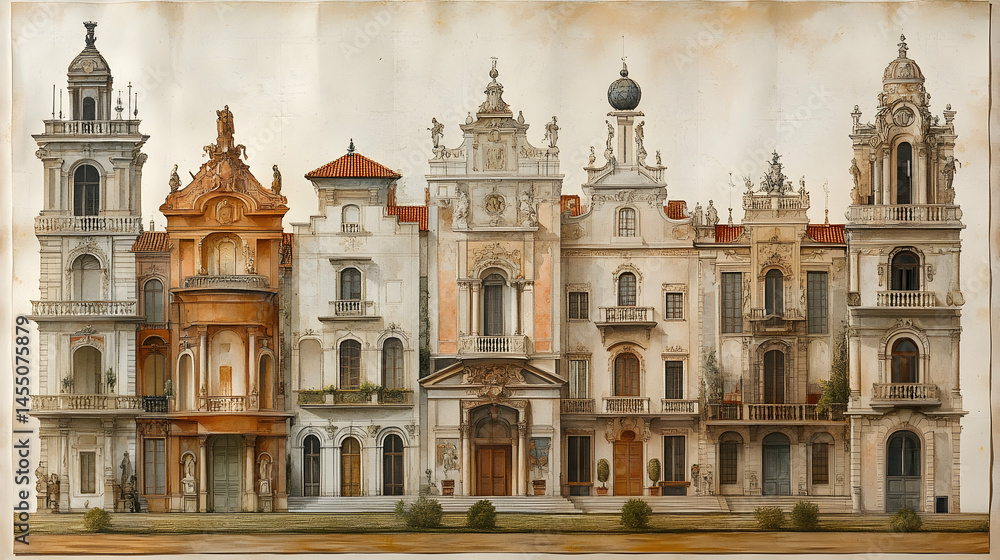 Obraz premium Architectural rendering of a row of ornate buildings with various heights styles and decorative elements including ba